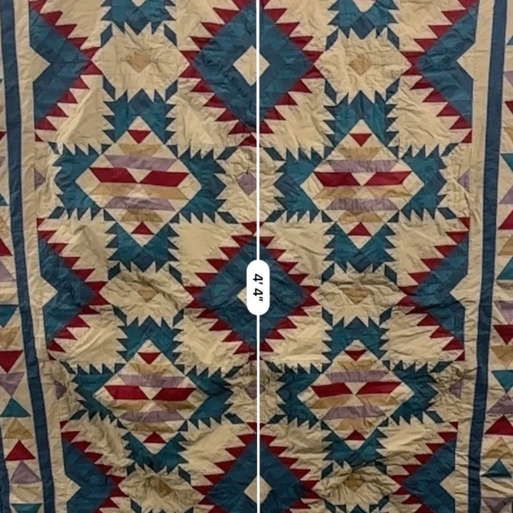 American Pacific Southwestern Geometric Cotton Quilt Wall Hanging Blue Red Tan